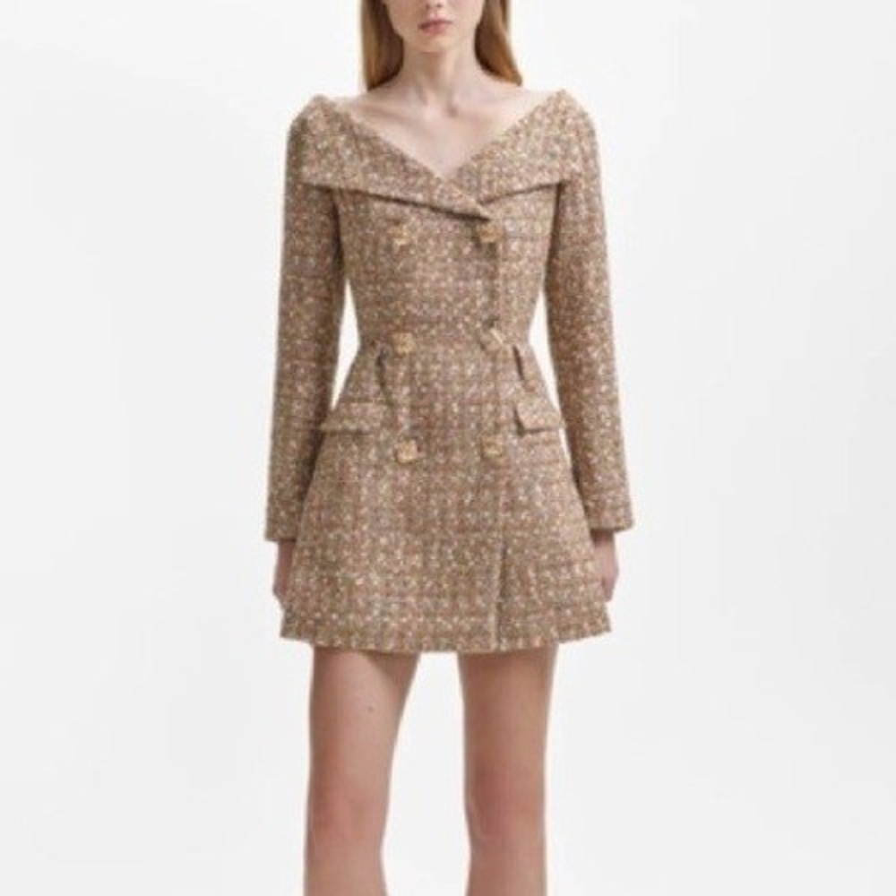 Self Portrait Gold Tinsel Boucle Off Shoulder Mini Dress US 2 UK 6 NEW Regal - Picture 2 of 12